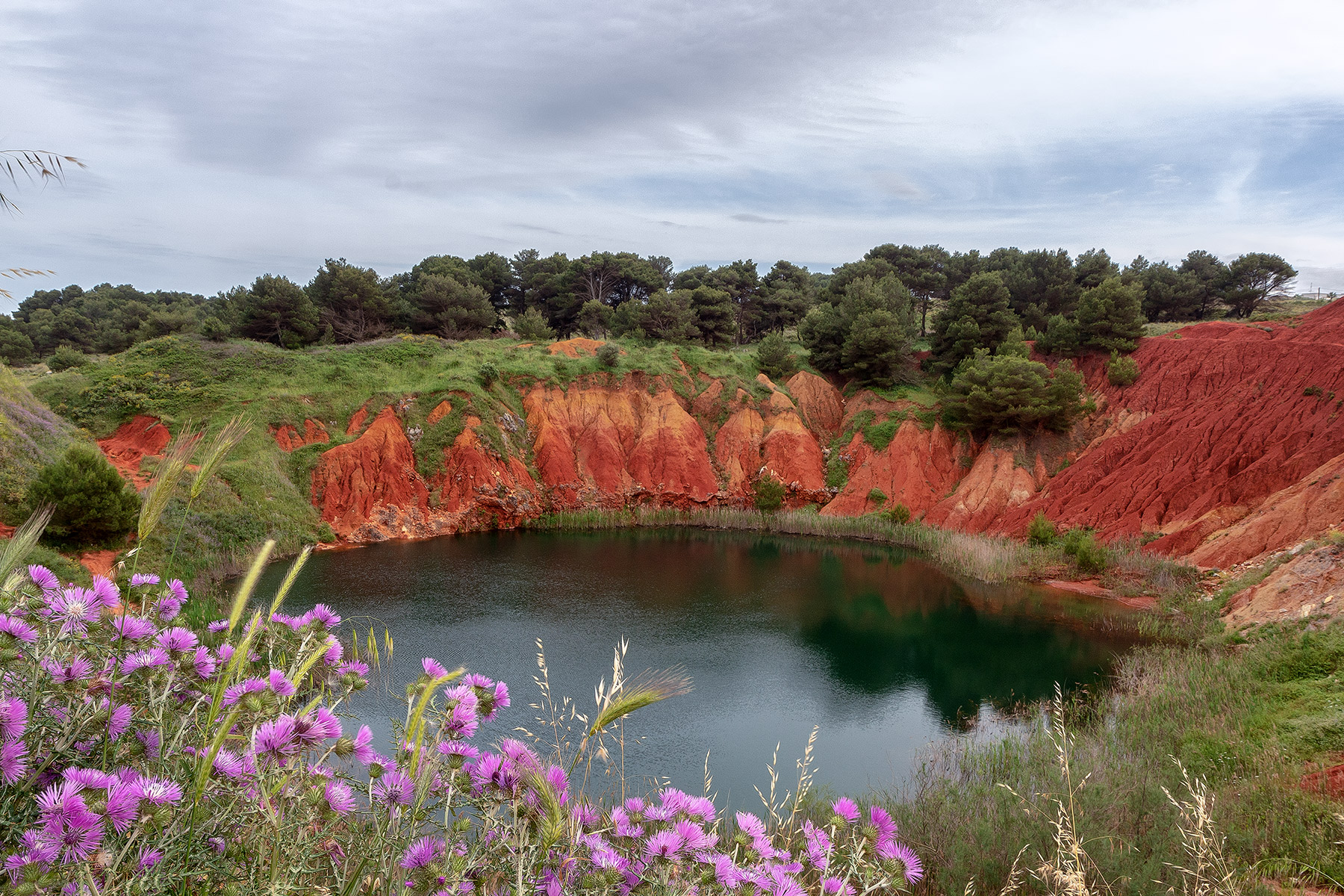 Cava di Bauxite con fiori colorati intorno nel cuore del Salento